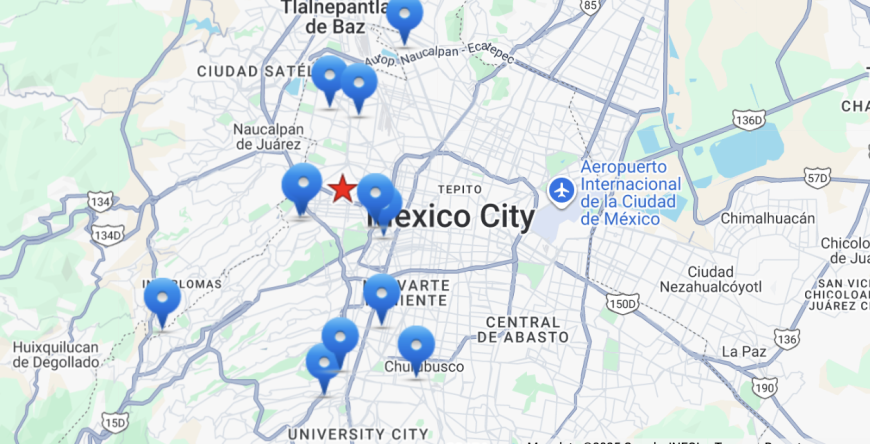 Mapa de la Ciudad de México con marcadores de ubicación